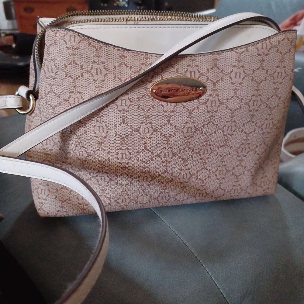 Nanette Lepore Crossbody April Logo Triple Satchel Almond Logo